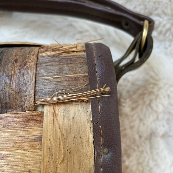 Woven Wood & Leather Brown Vintage Purse with Burlap Linen Lining EUC - Picture 8 of 10